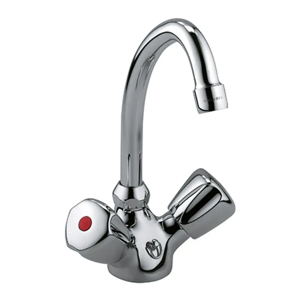 Zweigriffarmatur in Chromoptik von Kludi mit gebogenem Auslauf und runden Steuerhebeln. Ideal für Waschbecken oder Spülen in modernen Badezimmern oder Küchen.